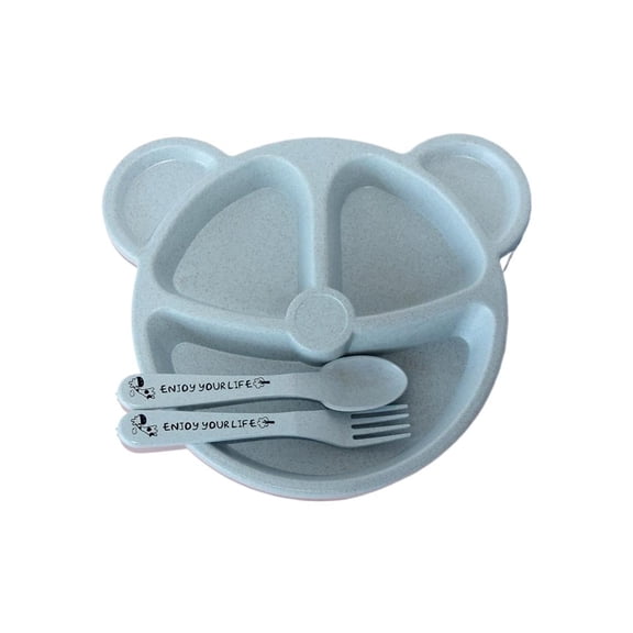 Kids Wheat Straw Divided Plate Set with Spoon Fork, Bear Design, Drop-Resistant & Safe Tableware