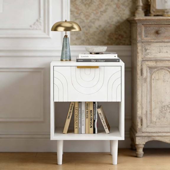 Kids White Bedside Nightstand with Gold Handle Drawer, Solid Wood Leg, Space-Saving Small End Table for Bedroom Limited Spaces