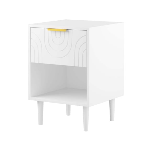 Kids White Nightstand with Gold Handle Drawer, Solid Wood Leg Bedside Table, Compact Space-Saving End Table for Bedroom Small Areas