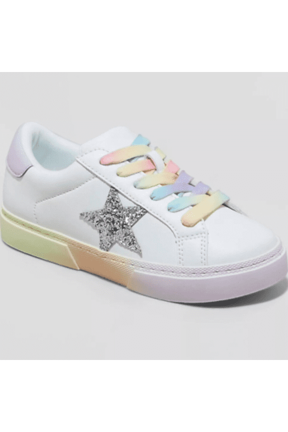 Kids White and Multicolor Star Sneakers Size: 5