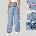 thumbnail image 1 of Kids Wide Leg Denim Pants Girls Stretch Comfort Bow Detail Jeans 5-14Y, 1 of 9