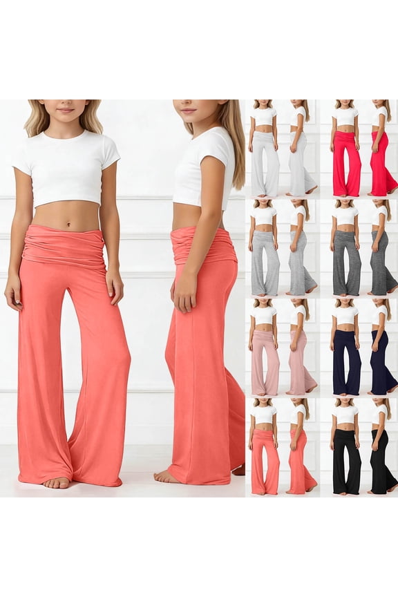 Kids Wide Leg Fold Over Yoga Pants Coral Girl Yogahose Lounge Pant Ruched Waist Sports Foldover Sweatpants