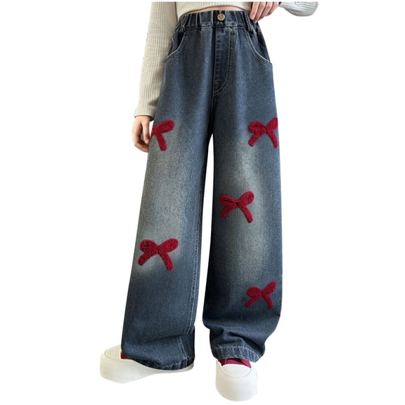 Kids Wide Leg Jeans Elastic High Waist Bow Embroidery Denim Pants Casual Loose Stylish Trousers With Pockets (14-15 Years, Black)