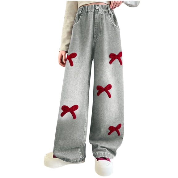 Kids Wide Leg Jeans Elastic High Waist Bow Embroidery Denim Pants Casual Loose Stylish Trousers With Pockets (14-15 Years, Light Blue)