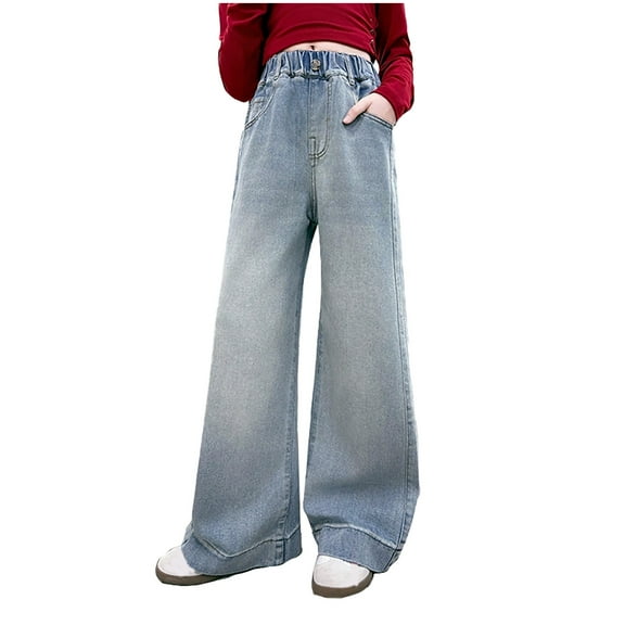 Kids Wide Leg Jeans Girls 10-12 Loose Relaxed Faux Denim Pants Elastic Waist Baggy Jean Trousers Gray Blue,7 Years