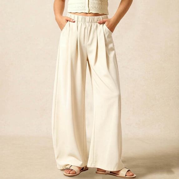 Kids' Wide Leg Pants, Exquisite pleated front and side pockets, elastic waist for comfortable daily wear and outings, 5-15 Years Beige 5-6 Years