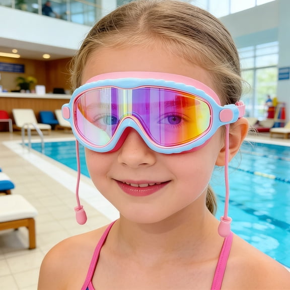 Kids Wide View Anti-Fog Waterproof Swimming Goggles with Silicone Seal & PC Frame, Adjustable Strap, UV Protection, Leak-Proof Swim Goggles for Boys Girls Pink