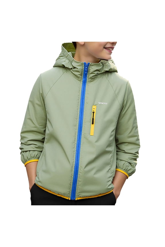Kids Windbreaker Jacket for Boys, Lightweight Hooded Green Jacket Packable for Outdoor Sports School Spring Fall,Size 12-13 T
