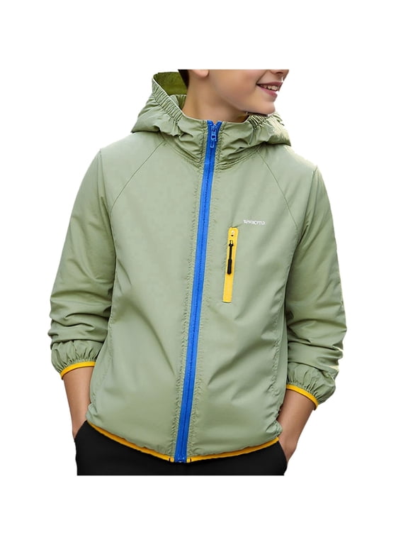 Kids Windbreaker Jacket for Boys, Lightweight Hooded Green Jacket Packable for Outdoor Sports School Spring Fall,Size 6-7 T