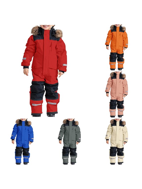 Kids Windproof Water Resistant Thickened One Piece Ski Suit Snowsuit with Removable Hood