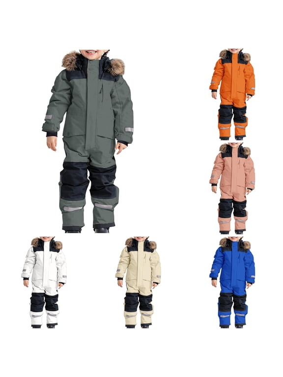 Kids Windproof Water Resistant Thickened One Piece Ski Suit Snowsuit with Removable Hood