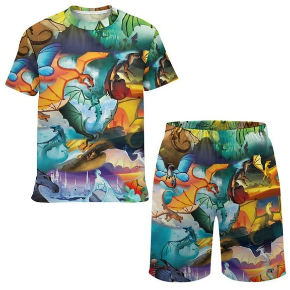Kids Wings Dragon Fire T Shirt Shorts Set 2 Piece Graphic Short Sleeve Outfit Set for Boys Girls