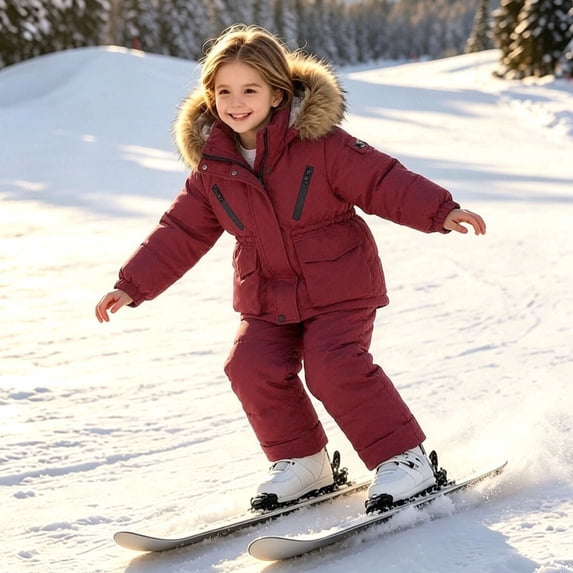 Kids Winter 2-Piece Ski Suit Baby 0-1T Girls Warm Thick Puffer Jacket Coat with Faux Fur Hood and Snowpants Windproof Outdoor Cold Weather Snowboarding Clothes