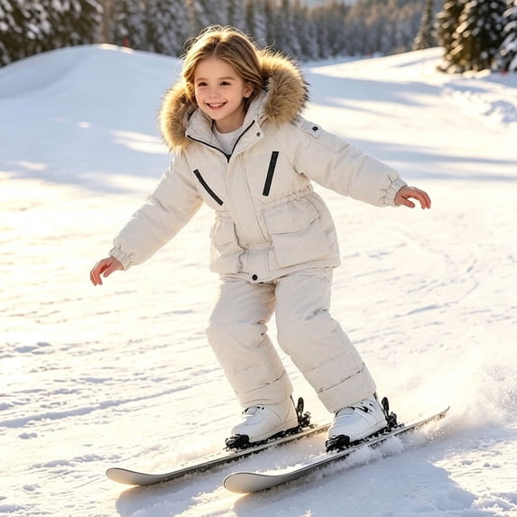 Kids Winter 2-Piece Ski Suit Kids Size 5-6 Girls Warm Thick Puffer Jacket Coat with Faux Fur Hood and Snowpants Windproof Outdoor Cold Weather Snowboarding Clothes