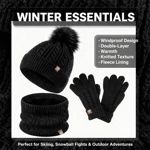 Kids Winter 3-Piece Set with Pom Pom Beanie, Touchscreen Gloves and Neck Warmer, Warm Knit Hat Scarf Gloves Set for Boys and Girls Age 3-10 Years, Cold Weather Accessories - Black