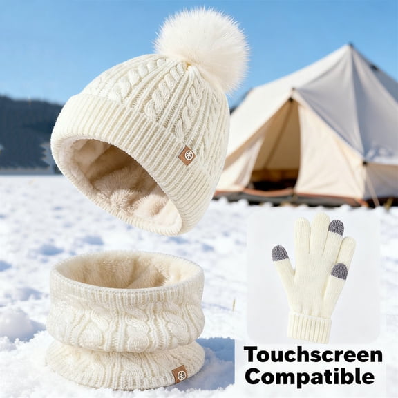 Kids Winter 3-Piece Set with Pom Pom Beanie, Touchscreen Gloves and Neck Warmer, Warm Knit Hat Scarf Gloves Set for Boys and Girls Age 3-10 Years, Cold Weather Accessories - Beige