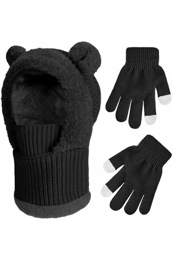 Kids Winter Balaclava Windproof Hats Gloves Set 3-in-1 Fleece Lined Hooded Scarf & Face Mask for Ages 2-8