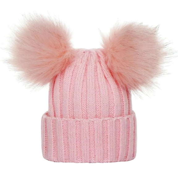 Kids Winter Beanie Cap with Double Faux Fur Pom Poms - Thickened Cotton Lined, Solid Color, Knitted Bobble Hat for Boys and Girls