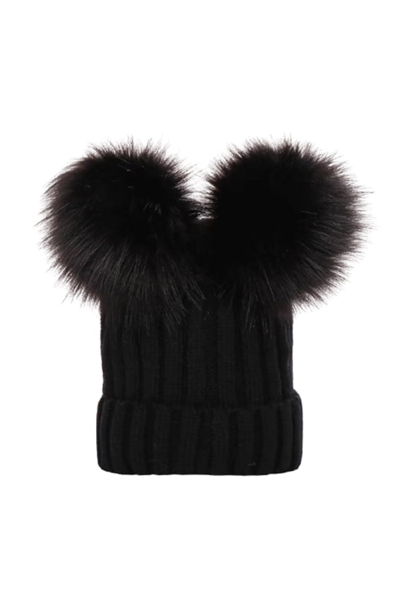 Kids Winter Beanie Cap with Double Faux Fur Pom Poms - Thickened Cotton Lined, Solid Color, Knitted Bobble Hat for Boys and Girls