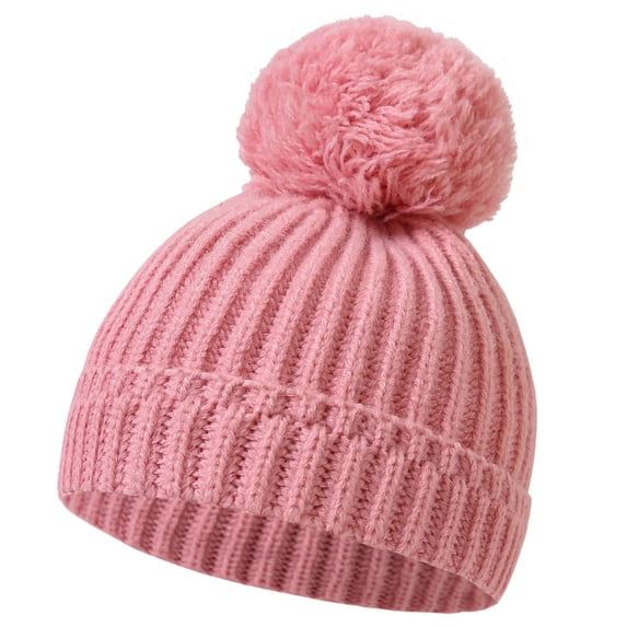 Kids Winter Beanie Hat, Children’s Warm Knitted Fleece Lined Woollen Ski Pompom Hat for Boys & Girls 3-9 Years Watermelon Red 0 Months
