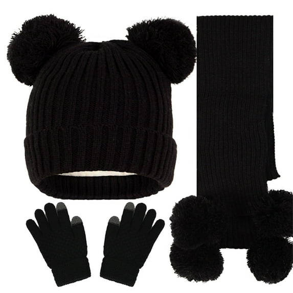 Kids Winter Beanie Hat Gloves Scarf Set Girls Boys Knit Hat Long Scarf Snow Gloves Set Outdoor Toddler Warm Fleece Lined Scarves Knit Pom Beanie Hat Gloves for Cold Weather Black 1-11 Years