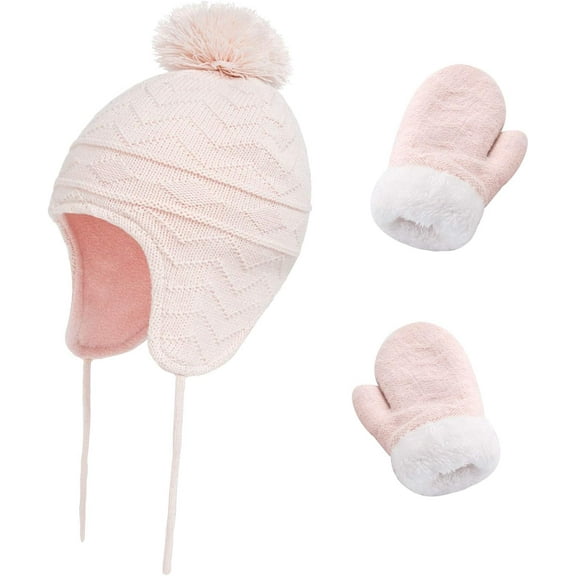 Kids Winter Beanie Hat Mittens Set Warm Fleece Hat Baby Toddler Knitted Hat & Gloves for Boys, Girls