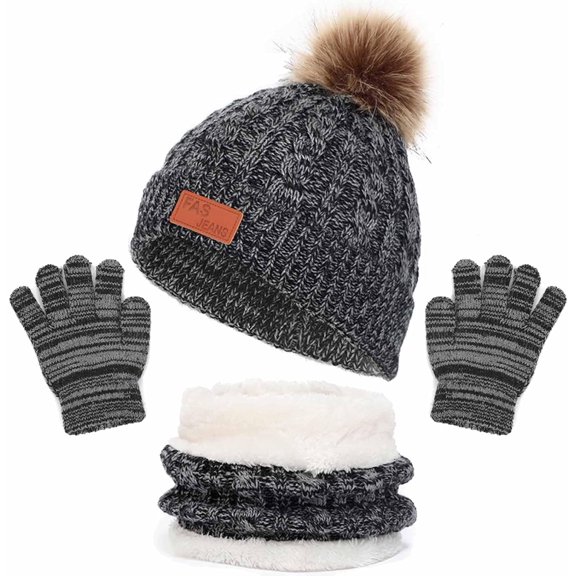Kids Winter Beanie Hat Scarf Gloves Set Warm Knitted Cap with Pompom Neck Warmer Gaiter Fleece Mittens for Girls Boys