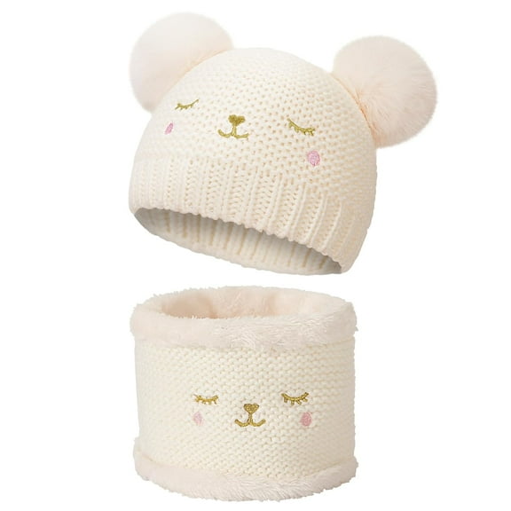 Kids Winter Beanie Hat Scarf Set, Knit Beanie with Pom Pom Neck Warmer with Warm Fleece Lined, 2 in 1 Cold Weather Thermal Set for Toddler Children Outdoor