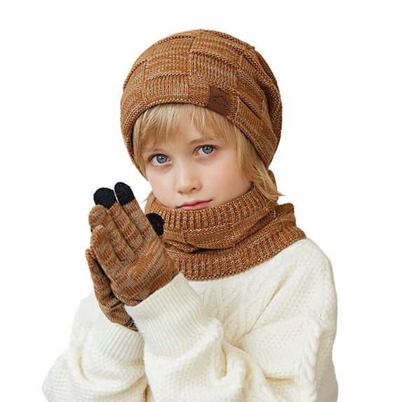 Kids Winter Beanie Hat Scarf Touchscreen Gloves Set for Boys Girls 4-15 Years Warm Skull Cap Lined Knitted Hat