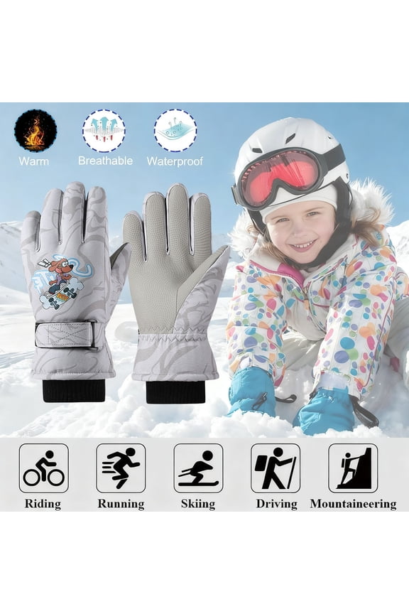 Kids Winter Cartoon Ski Gloves, Thick Fleece Lined Waterproof Acrylic Gloves for Cycling Skiing and Outdoor Cold Weather Activities