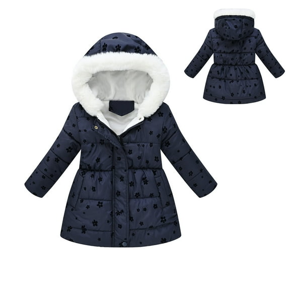 Kids Winter Coat for Girls Hooded Puffer Jacket Floral Print Coat Full-Zip Long Sleeve Waterproof Girls Lightweight Jacket Jackets for Girls 6-7 Years