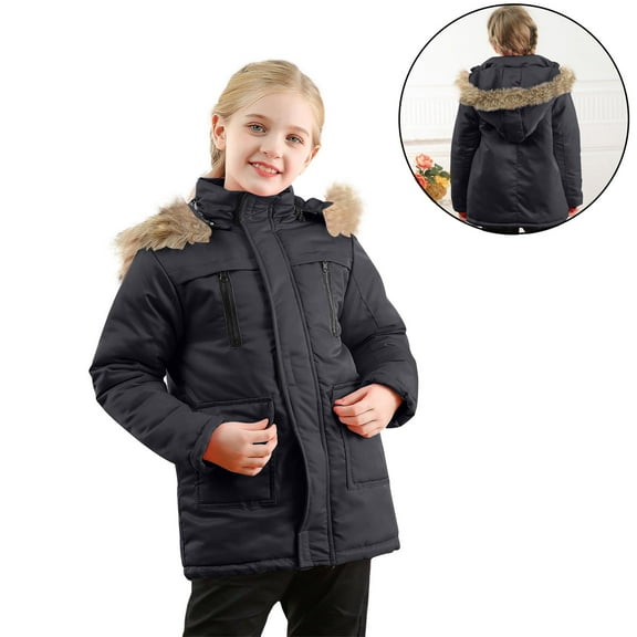 Kids Winter Coat for Boys Hooded Puffer Jacket Boys Black Jacket Full-Zip Long Sleeve Waterproof Girls Thicken Jacket 7-8 Years Winter Jacket