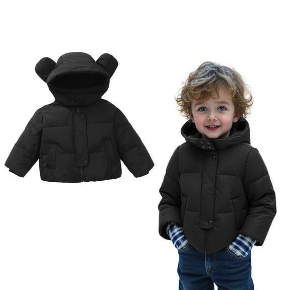Kids Winter Coat for Girls Hooded Puffer Jacket Kids Black Jacket Zip up Long Sleeve Waterproof Boys Thicken Jacket 7-8 Years Jacket Girls