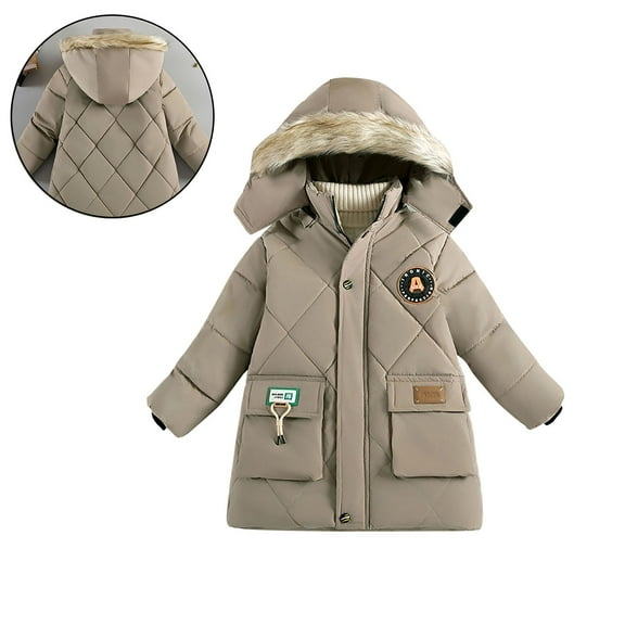 Kids Winter Coats for Boys with Hooded Puffer Jacket Kids Boys Khaki Jacket Zipper Long Sleeve Thicken Waterproof Jacket Kids 6-7 Years Winter Coat Boys