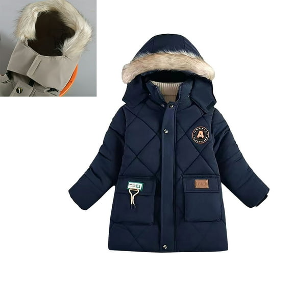 Kids Winter Coats for Boys with Hooded Puffer Jacket Kids Navy Puffer Coat Full-Zip Long Sleeve Thicken Waterproof Jacket Kids Boys Winter Coat Size 5-6 Years