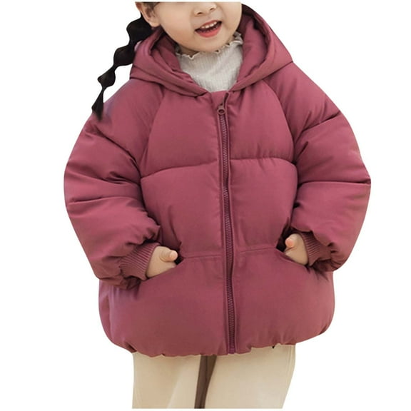 Kids Winter Coats Children's Solid Color Hooded Pocket Cardigan Cotton Padded Clothes Winter Down Coats Pinks 2T