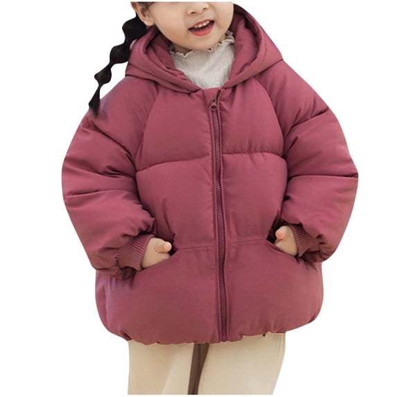 Kids Winter Coats Children's Solid Color Hooded Pocket Cardigan Cotton Padded Clothes Winter Down Coats Pinks 3T