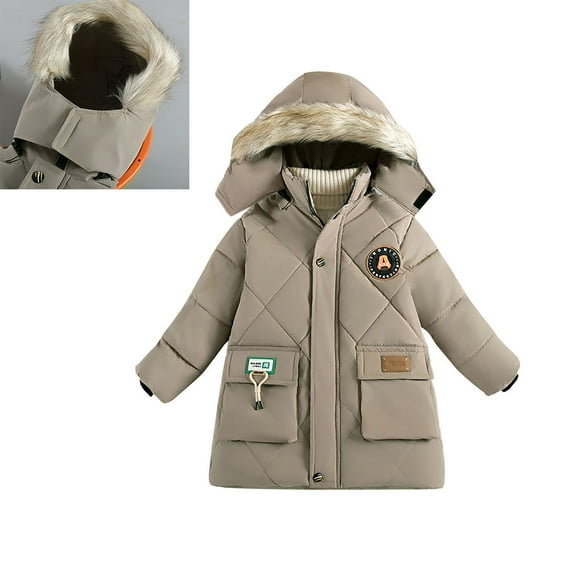 Kids Winter Coats Hooded Puffer Jacket Boys Khaki Jacket Boys Zipper Long Sleeve Waterproof Boys Thicken Jacket Kids Winter Jackets 7-8 Years