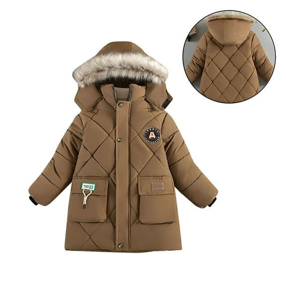 Kids Winter Coats Hooded Puffer Jacket Brown Puffer Jacket Full-Zip Long Sleeve Thicken Waterproof Jacket Kids Boys Fall Jacket 4-5 Years