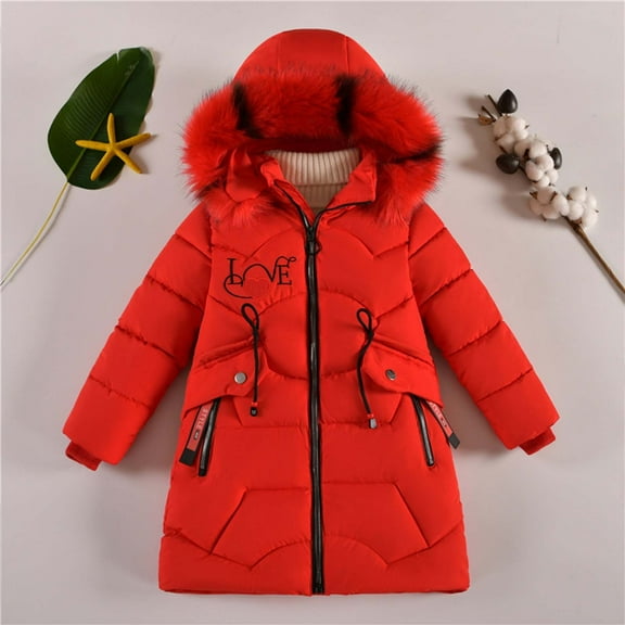 Kids Winter Coats with Hooded Puffer Jacket Letter Print Puffer Coat Full-Zip Long Sleeve Thicken Waterproof Jacket Kids Girls' Outerwear Jackets 6-7 Years