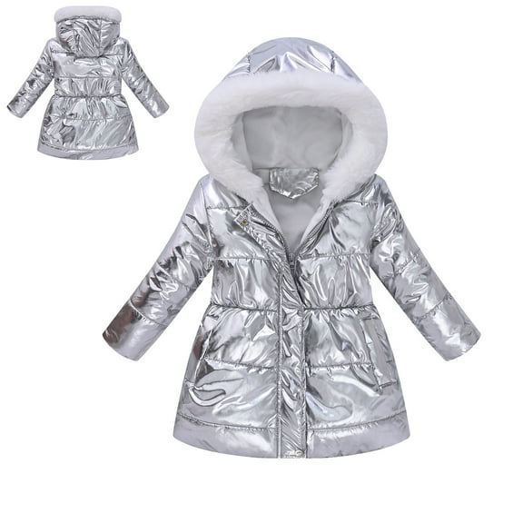 Kids Winter Coats Hooded Puffer Jacket Silver Puffer Coat Zip up Long Sleeve Thicken Waterproof Jacket Kids Girl Jackets 6-7 Years