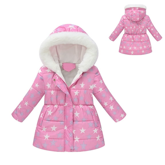 Kids Winter Coats with Hooded Puffer Jacket Star Print Puffer Coat Full-Zip Long Sleeve Waterproof Girls Lightweight Jacket 4-5 Years Winter Coat Girl