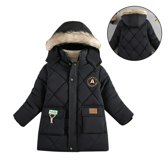 Kids Winter Coats for Boys Hooded Puffer Jacket Black Puffer Jacket Zipper Long Sleeve Thicken Waterproof Jacket Kids Boys Jacket Size 4-5 Years
