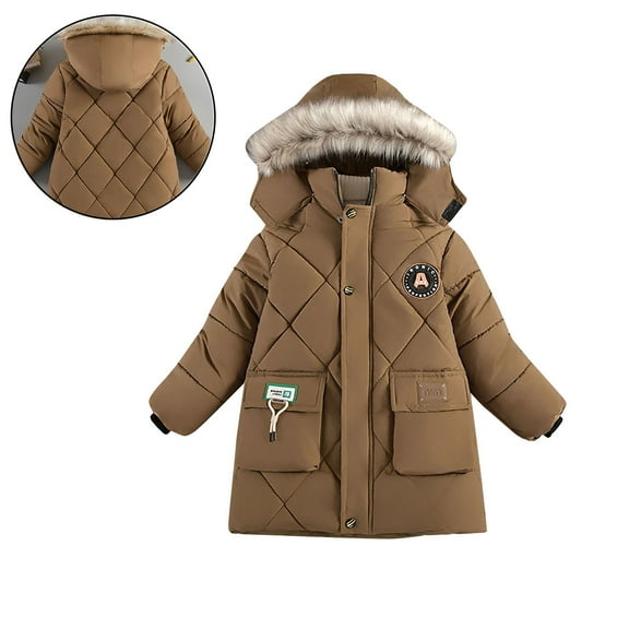 Kids Winter Coats for Boys Hooded Puffer Jacket Boys Boys Brown Jacket Zipper Long Sleeve Waterproof Kids Thicken Jacket Boys Jackets Size 5-6 Years