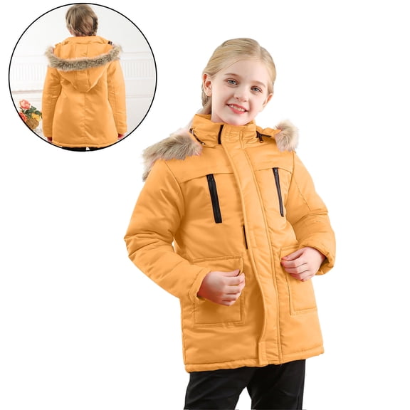 Kids Winter Coats for Boys Hooded Puffer Jacket Kids Orange Coat Full-Zip Long Sleeve Thicken Waterproof Jacket Kids Girl Jackets 7-8 Years