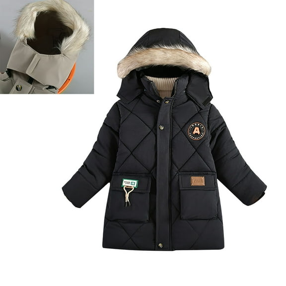 Kids Winter Coats with Hooded Puffer Jacket Black Jacket Zip up Long Sleeve Thicken Waterproof Jacket Kids 5-6 Years Winter Coat Boys