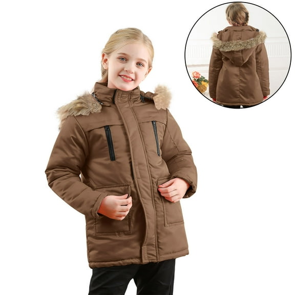 Kids Winter Coats with Hooded Puffer Jacket Brown Jacket Zipper Long Sleeve Waterproof Boys Thicken Jacket Girl Jackets Size 7-8 Years