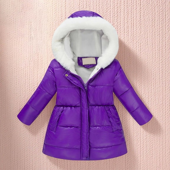 Kids Winter Coats with Hooded Puffer Jacket Purple Coat Zip up Long Sleeve Waterproof Girls Thicken Jacket 6-7 Years Winter Jacket