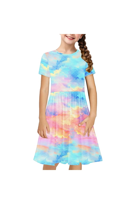 Kids Winter Dresses Girls Short Sleeve Flowy Dress Child Kids A-Line Skater Flowy Summer Casual T-Shirt Dresses Kids Long Fall Dresses Multicolor 4Y