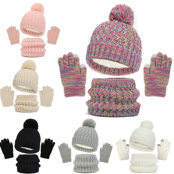Kids Winter Fleece Hat Winter Scarf Winter Gloves Set, 3 Pieces Winter Knit Beanie Hat Warmer Gaiter Mittens Scarf for Boys Girls 1-6Y